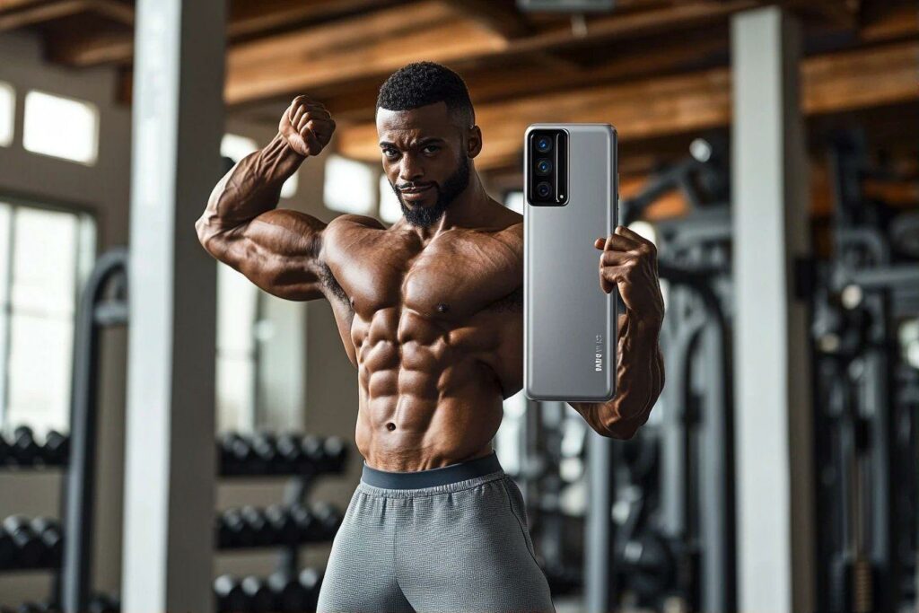 Athlète musclé posant avec un smartphone dans une salle