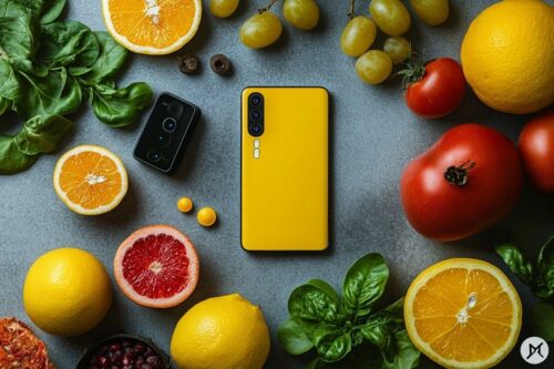 Téléphones jaune et noir entourés d'agrumes et légumes frais