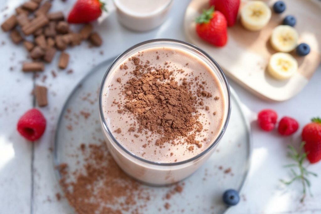 Smoothie crémeux saupoudré de cacao, entouré de fruits frais