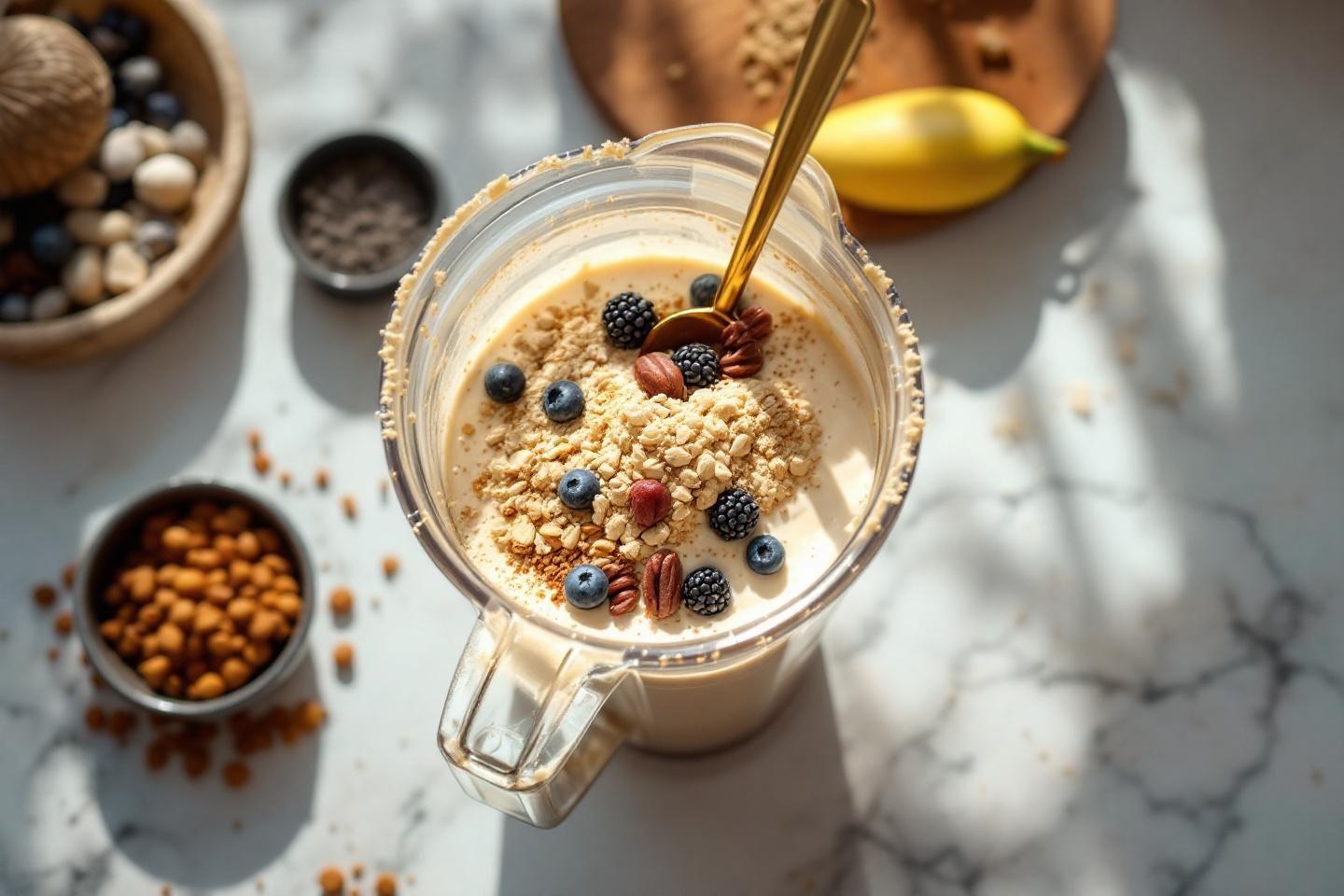 Smoothie crémeux décoré de fruits et de noix dans un blender