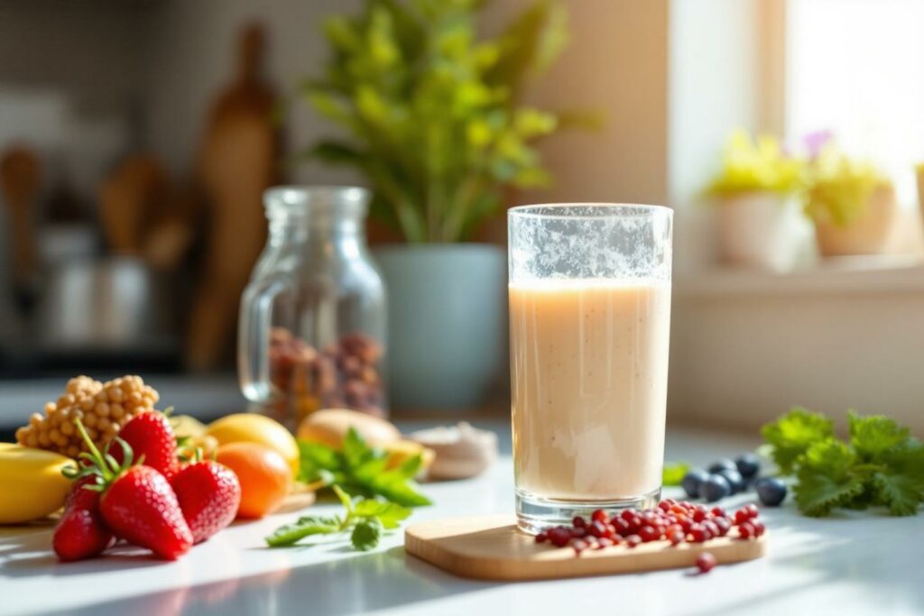 Verre de smoothie entouré de fruits et de verdure