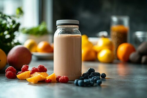 Bocal de smoothie entouré de fruits colorés sur table