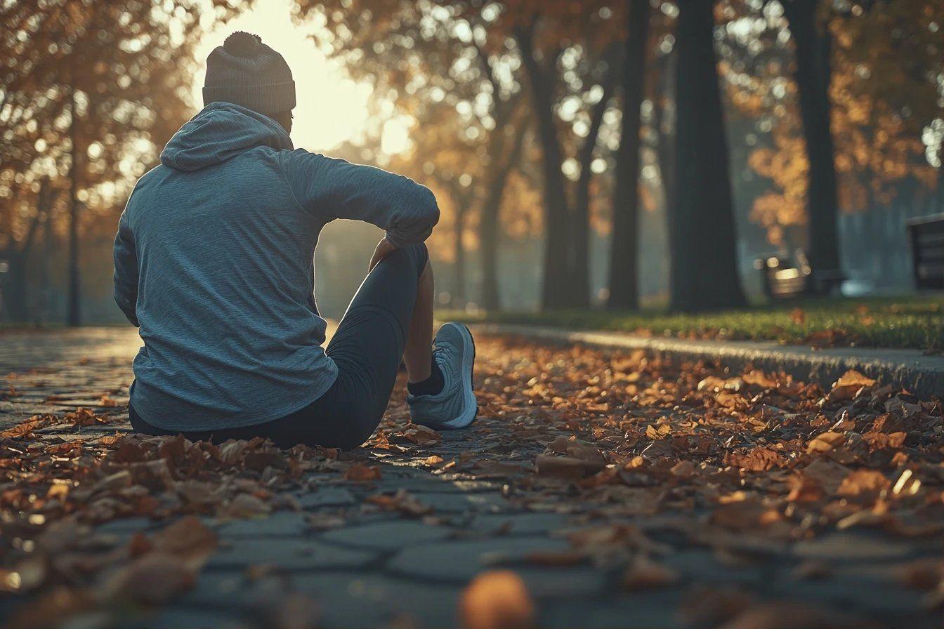 Silhouette assise sur un chemin couvert de feuilles mortes