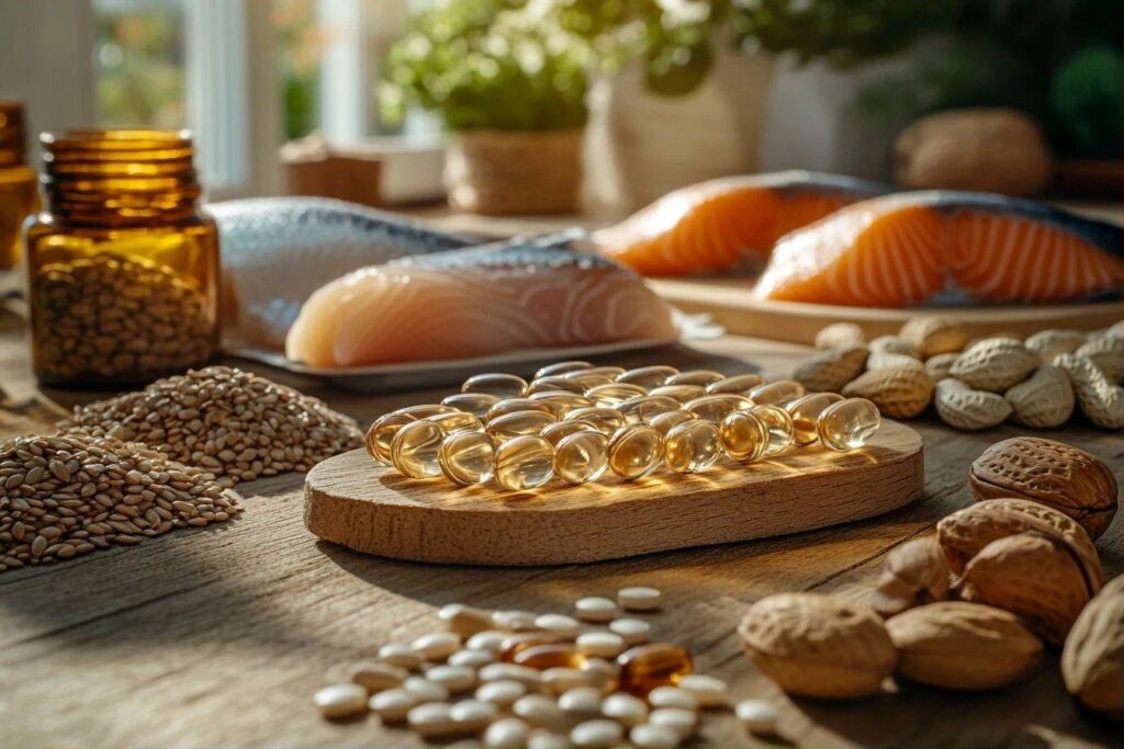 Capsules, poissons, graines et noix sur table en bois