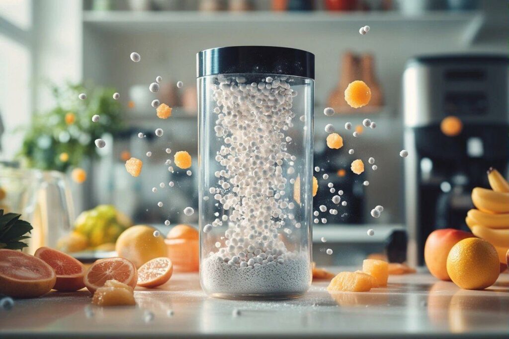 Bocal en verre avec des billes et des fruits flottants
