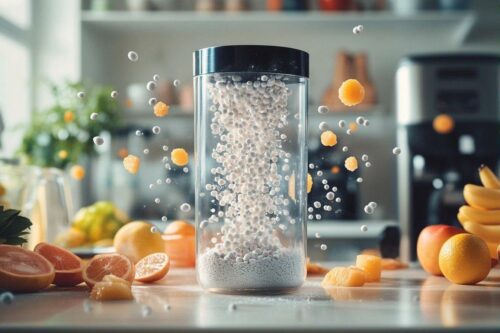 Bocal en verre avec des billes et des fruits flottants