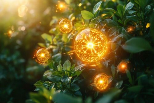 Boules dorées brillantes flottant parmi des feuilles vertes