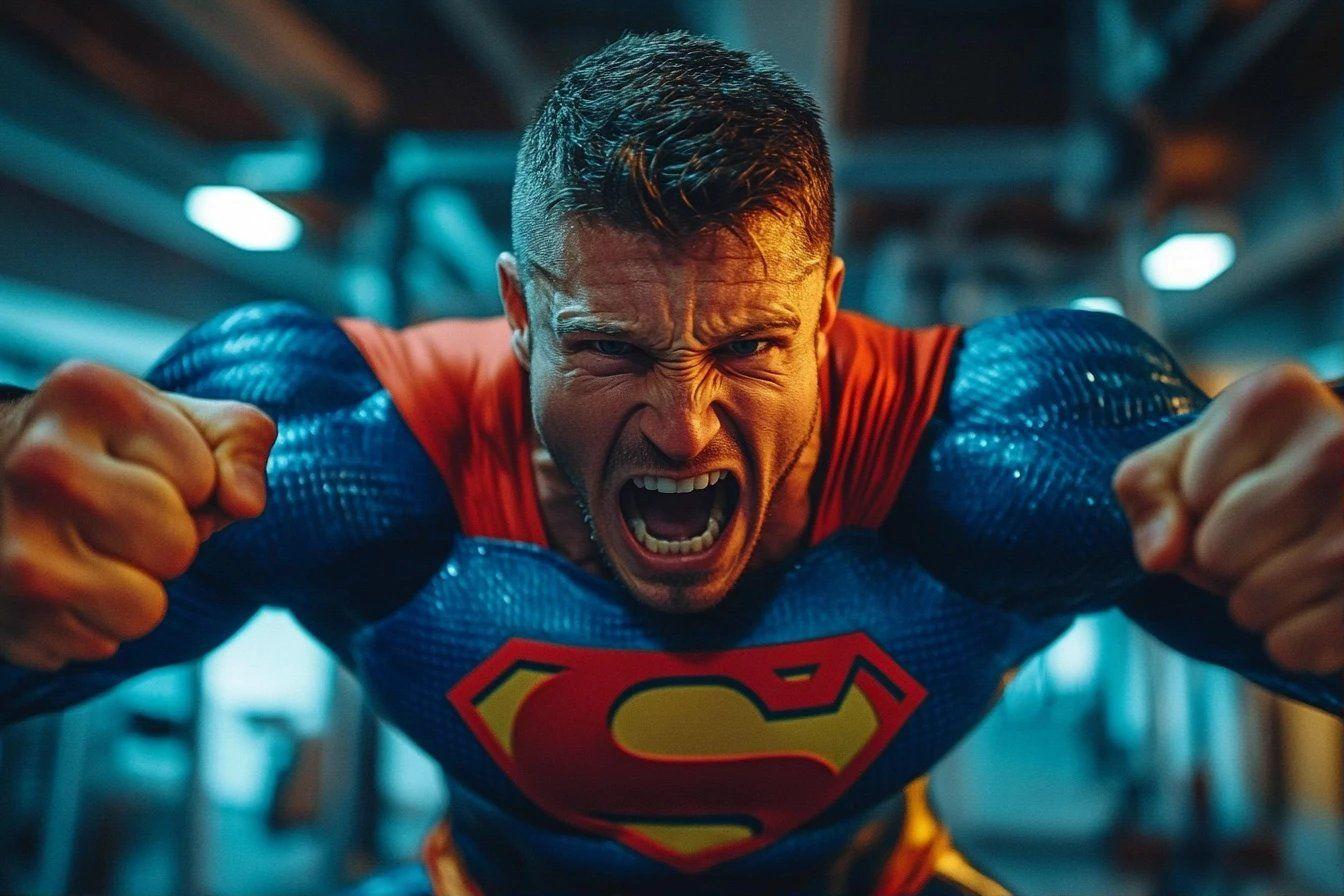 Superman hurlant, muscles tendus, dans un environnement bleu sombre