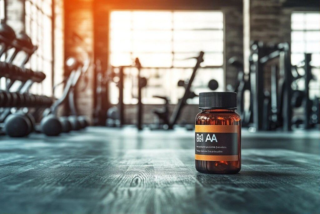 Bouteille de supplément sur un sol de gymnase avec haltères