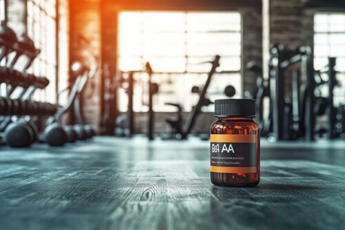 Bouteille de supplément sur un sol de gymnase avec haltères