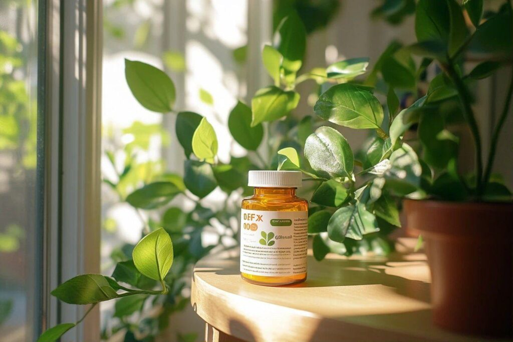 Bouteille de supplément orange près de plantes vertes