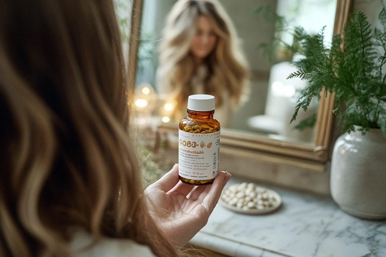 Flacon de vitamines tenu par une main près d'une plante