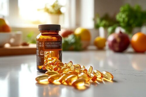 Bouteille ambrée et capsules dorées sur une surface blanche
