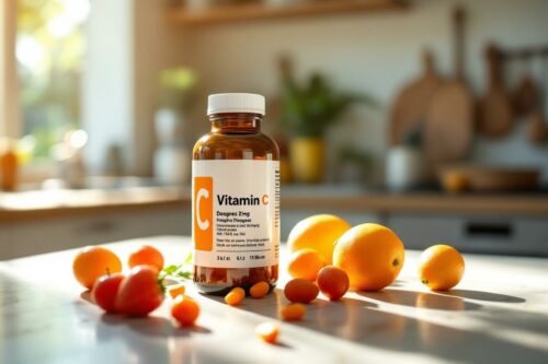 Bouteille de vitamine C entourée d'oranges et de tomates