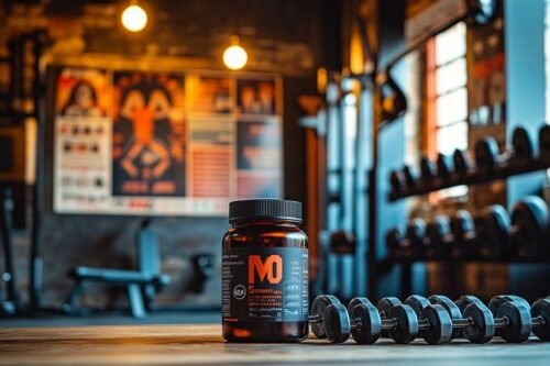 Bouteille de complément alimentaire près d'haltères dans un gymnase