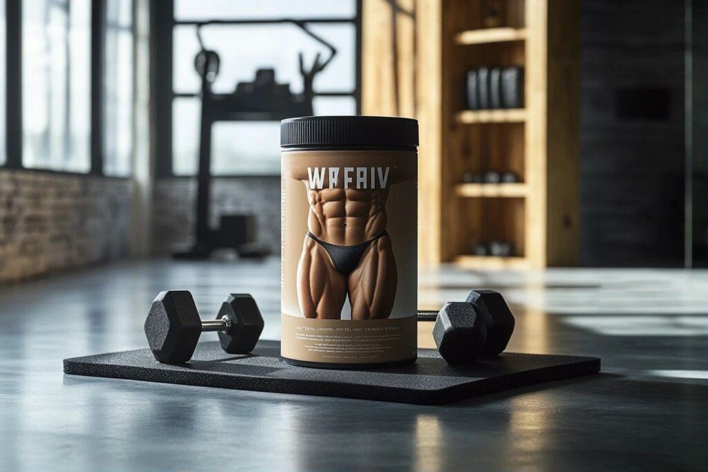 Pot de supplément musculaire avec haltères sur un tapis noir