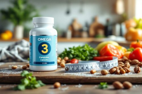 Bouteille de capsules Omega 3 avec fruits, légumes et mètre ruban