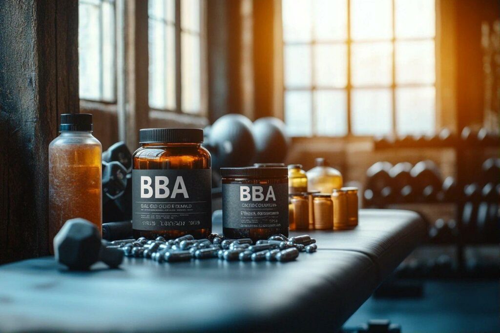 Bouteilles de BBA et capsules près d'haltères dans un gymnase