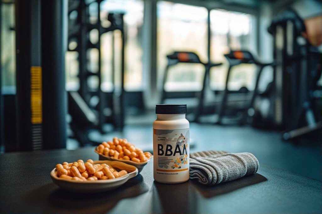 Bouteille de BCAA, capsules et serviette près d'appareils fitness