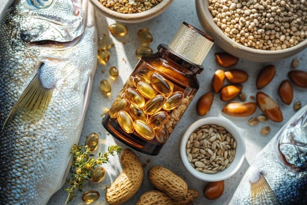 Capsules dorées entourées de poissons, graines et noix