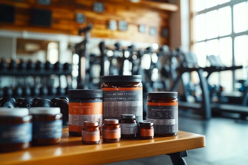 Bocaux de compléments alimentaires dans un gymnase