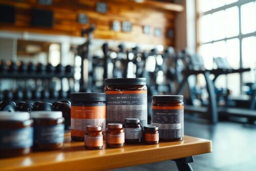 Bocaux de compléments alimentaires dans un gymnase