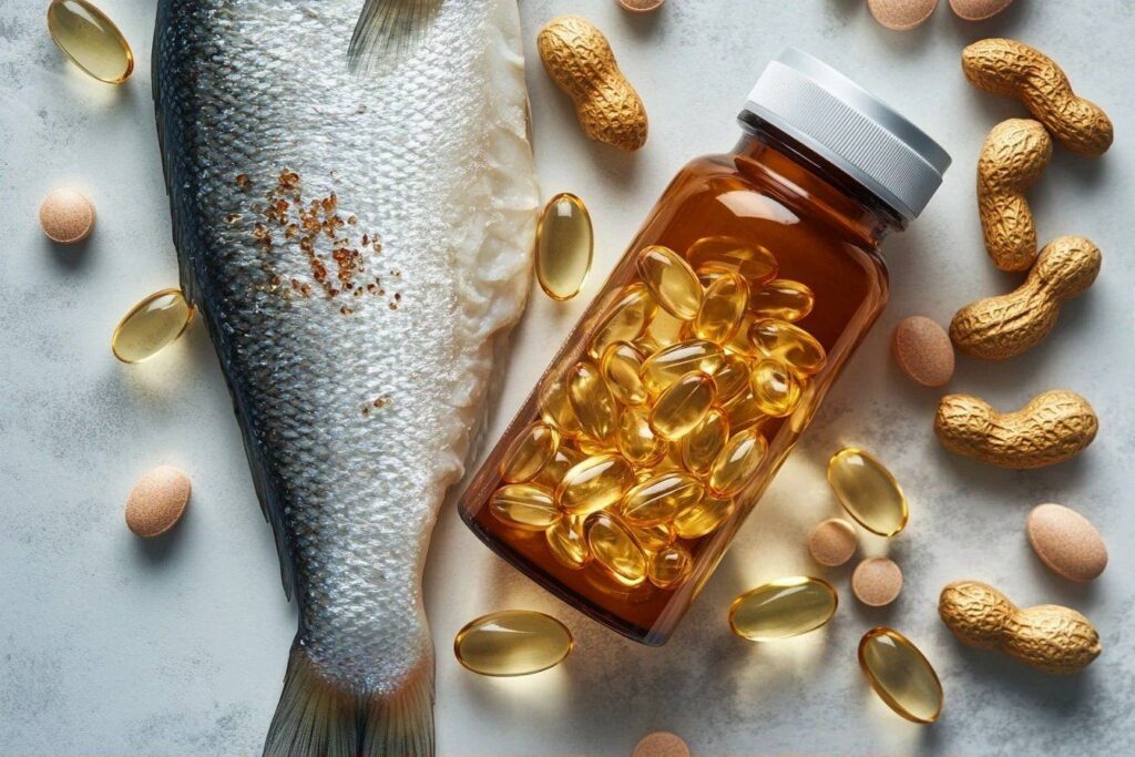 Capsules dorées, poisson frais et noix sur fond blanc
