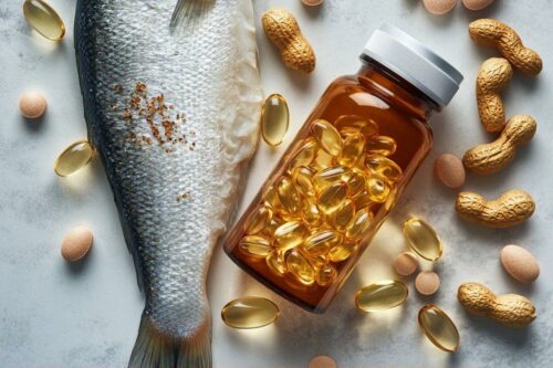 Capsules dorées, poisson frais et noix sur fond blanc