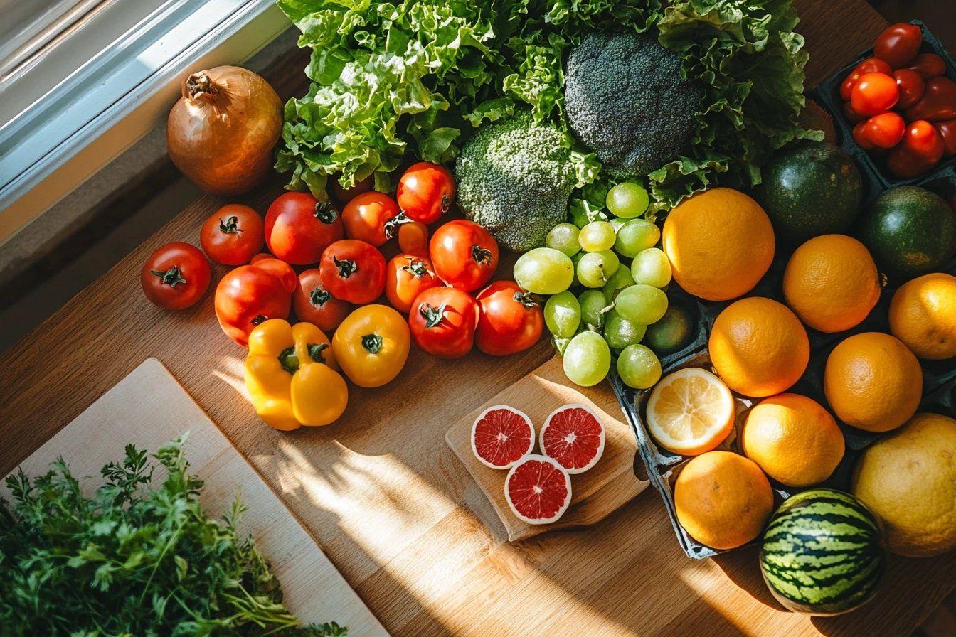 Légumes et fruits frais disposés sur une planche en bois