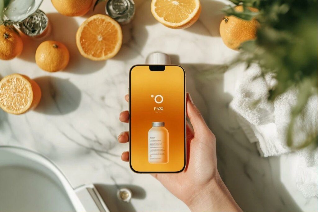 Écran de smartphone avec bouteille, entouré d'oranges sur marbre
