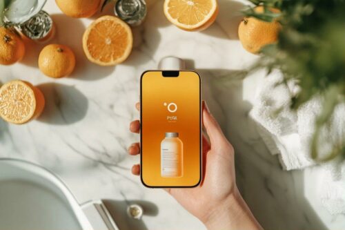 Écran de smartphone avec bouteille, entouré d'oranges sur marbre