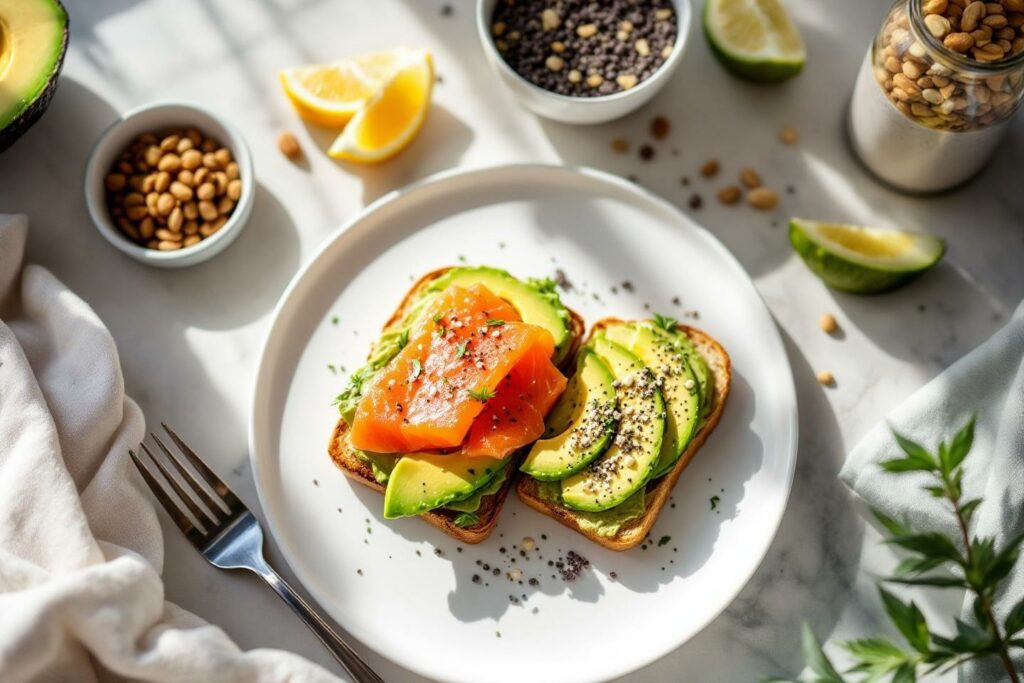 Tartines grillées avec avocat et saumon fumé sur assiette blanche