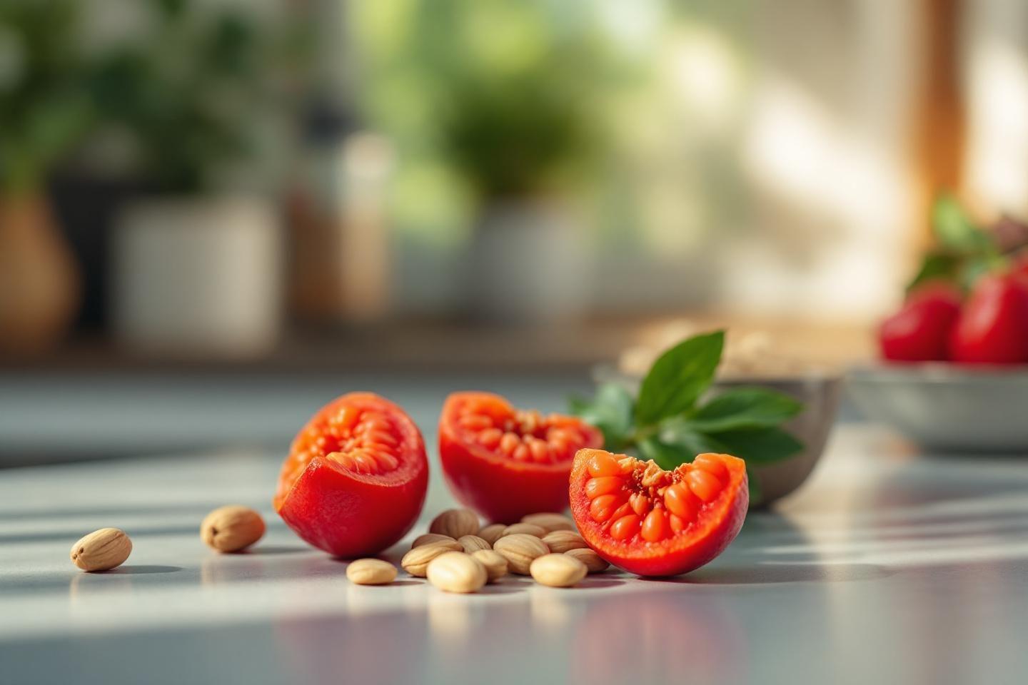 Tomates rouges coupées et pistaches sur surface grise