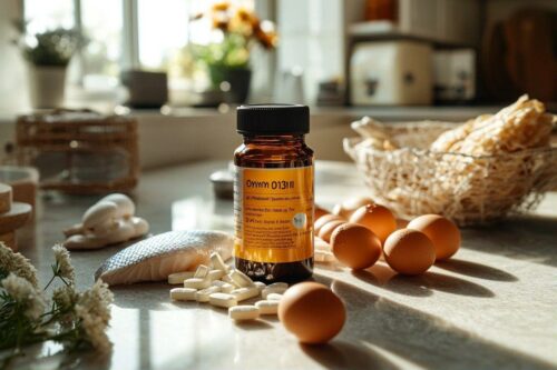 Œufs bruns, médicaments blancs et flacon ambré sur comptoir