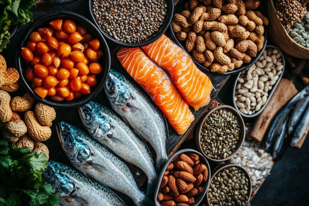 Poissons, saumon, tomates, noix et graines sur fond sombre