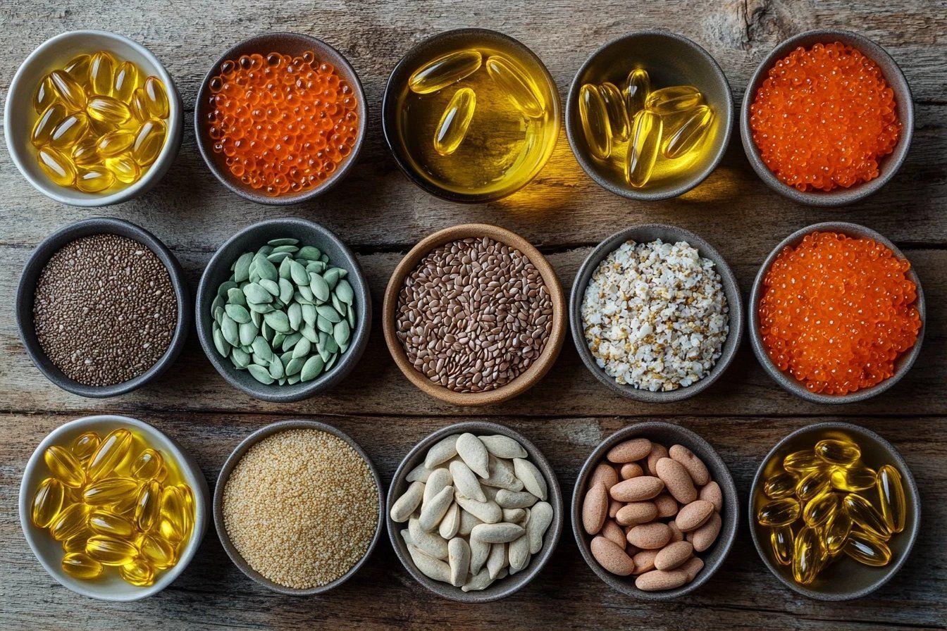 Plusieurs bols contenant différentes graines, huiles et suppléments nutritifs