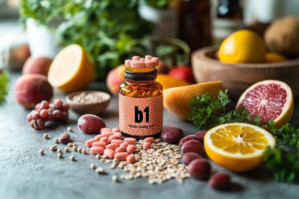 Bouteille de supplément B1 entourée de fruits et céréales