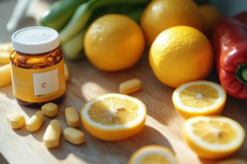 Bouteille de compléments de vitamine C avec des citrons mûrs