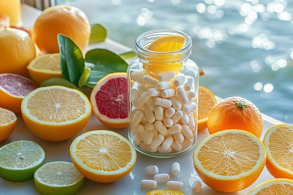 Capsules blanches entourées d'oranges, citrons verts et jaunes