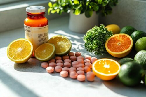Pilules roses, oranges et citrons verts sur surface grise