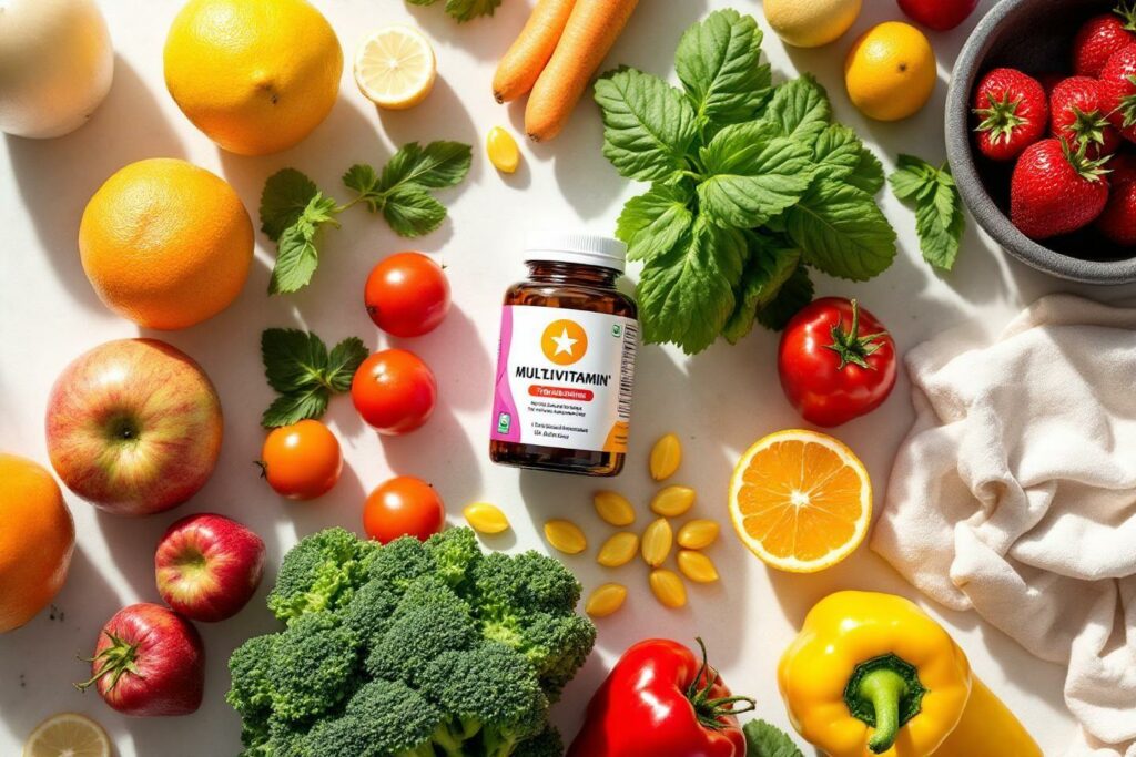Comprimés multivitaminés entourés de fruits et légumes frais
