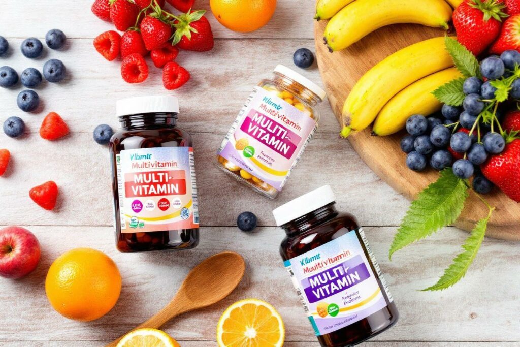 Bouteilles de multivitamines entourées de fruits frais