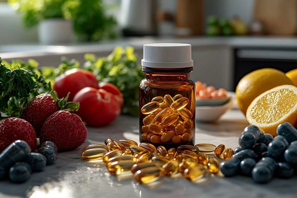 Bouteille de compléments avec fruits variés sur comptoir