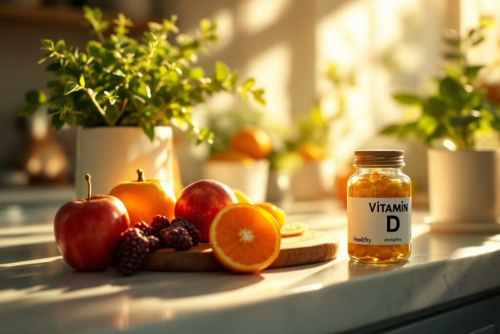 Fruits colorés et bouteille de vitamines D sur comptoir