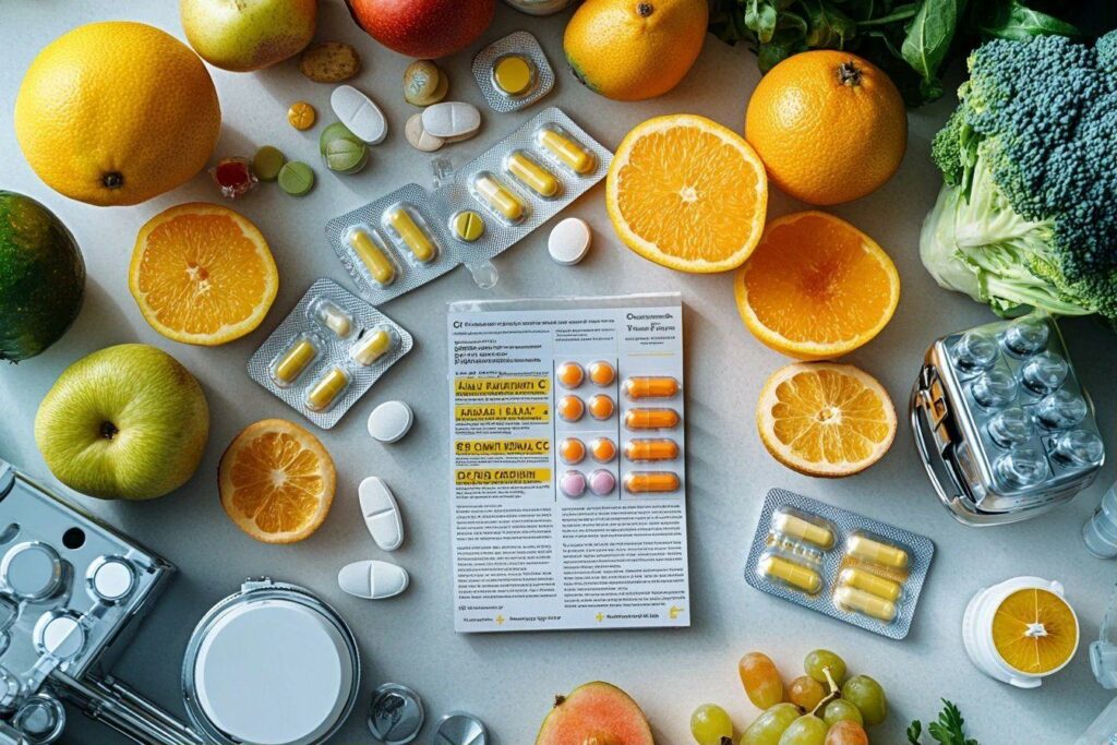 Pilules, oranges, pommes et brocoli sur fond gris