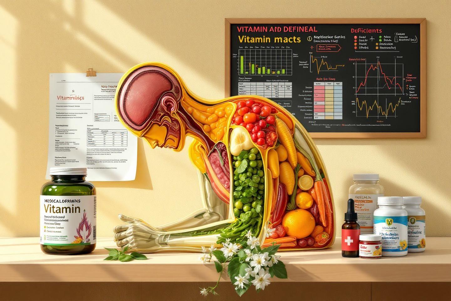 Anatomie humaine illustrant différents aliments et suppléments nutritionnels