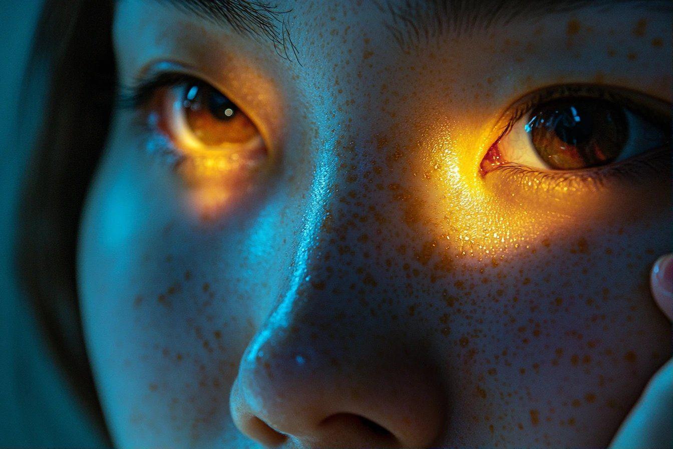 Gros plan sur des yeux lumineux avec reflets dorés